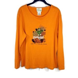 Quacker Factory Fall Thanksgiving Embroidered Orange Top Long Sleeve Size Large